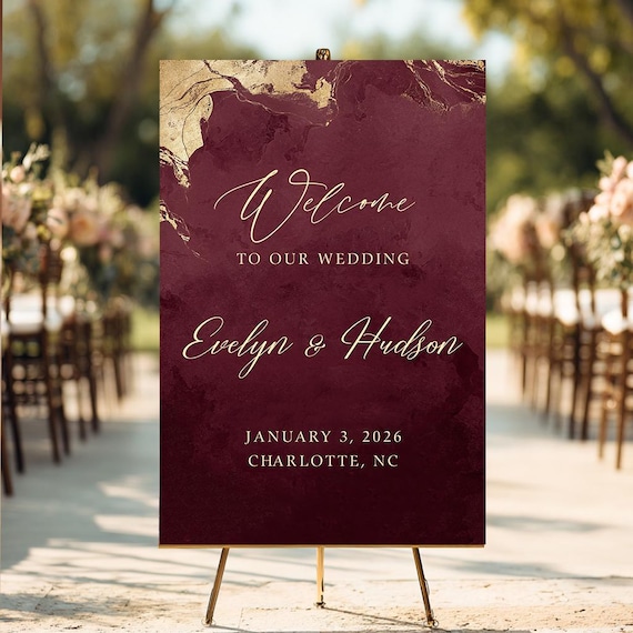 Burgundy Marble Wedding Welcome Sign, Gold Veining, Gold Marble Wedding Sign, Dark Red Wedding Sign, Modern Wedding Sign