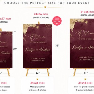 May include: Three wedding welcome signs in burgundy and gold with watercolor textures. Text reads: Welcome to our wedding, Evelyn & Hudson, January 3, 2026, Charlotte, NC. Sizes shown are 18x27 inches, 24x36 inches, and 31x46 inches with labels.
