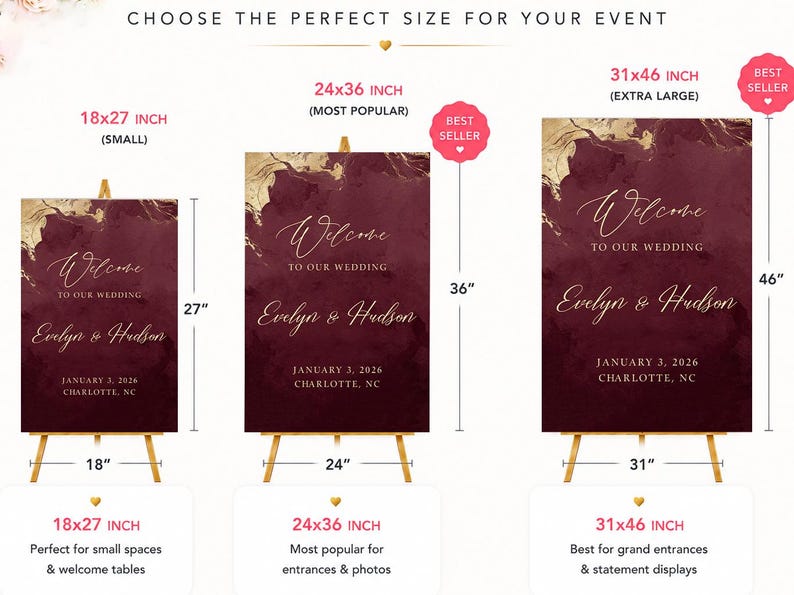 May include: Three wedding welcome signs in burgundy and gold with watercolor textures. Text reads: Welcome to our wedding, Evelyn & Hudson, January 3, 2026, Charlotte, NC. Sizes shown are 18x27 inches, 24x36 inches, and 31x46 inches with labels.
