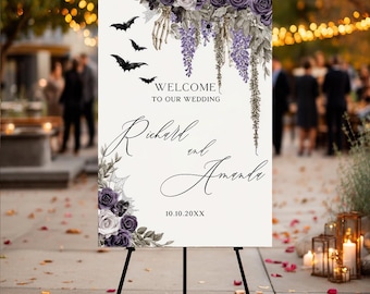 Gothic Floral Wedding Welcome Sign, Purple Rose Wedding Sign, Halloween Wedding Welcome, Bat Wedding Sign