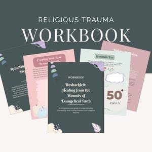 Może przedstawiać: Zbiór zeszytów ćwiczeń zatytułowanych "Religious Trauma Workbook". Główny zeszyt ćwiczeń nosi tytuł "Unshackled: Healing from the Wounds of Evangelical Faith". Inne zeszyty ćwiczeń to "Creating Your New Person" i "Gratitude List".