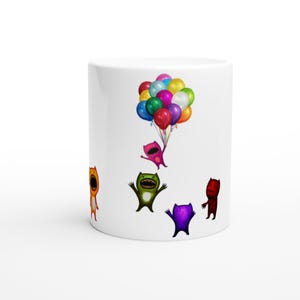 FUNNY MONSTERS with balloons original art colourful BIRTHDAY Ceramic Mug