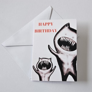 arte original CARTÃO DE FELIZ ANIVERSÁRIO monstro com envelope 5x7