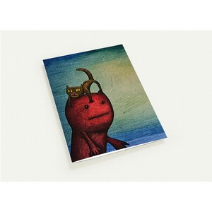 Grappige wenskaarten met monster en kat - handgeschilderd ontwerp | Pak van 10 | Milieuvriendelijk, gepersonaliseerd briefpapier