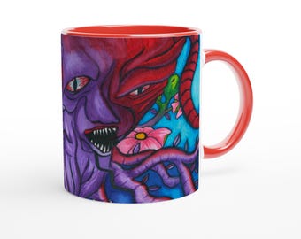 Taza de cerámica colorida y divertida con diseño de DEMONIO, MONSTRUO y FLOR