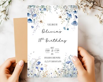 Blue Wildflower 18th Birthday Invitation, Editable Garden Party (Digital File)