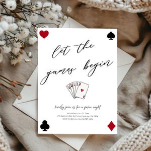 編集可能な「Let the Games Begin」招待状、ポーカーナイト招待、カジノゲームナイト誕生日招待状テンプレート、カードゲーム、Canva、即時ダウンロード