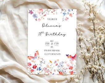 Floral 18th Birthday Invitation, Wildflower Theme (Printable)