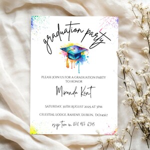 Faire-part de fête de remise des diplômes coloré modifiable, modèle de fête des diplômés de la promotion 2025, invitation en téléchargement numérique, carte de diplômé personnalisable