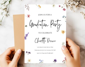 Floral Graduation Party Invitation, Editable Template (Digital Download)