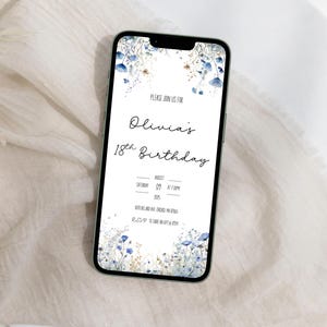 Faire-part de fête d'anniversaire floral bleu du 18e anniversaire, fleurs sauvages du dix-huitième anniversaire célébration Evite, anniversaire garden-party modifiable, femme inviter