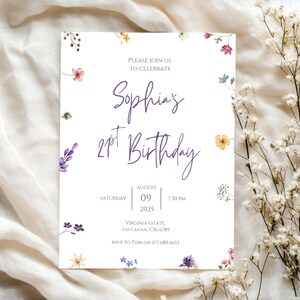 Editable 21st Birthday Invite, Floral 21st Invite, Digital Download, Purple Floral Invite, 21st Birthday, Birthday Evite Template