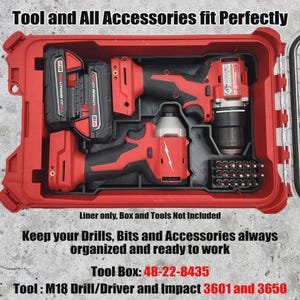 May include: A red tool box with black inserts, holding red and black power tools and accessories. The text "Tool and All Accessories fit Perfectly" is at the top. The text "Keep your Drills, Bits and Accessories always organized and ready to work" is below the tools.