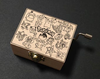Mezase Pokemon Master Music Box Hand Cranked, Wooden Engraved Handmade Vintage Gift