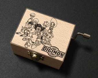 Digimon Adventure Digital Monsters OP Butter-Fly Music Box Hand Cranked, Wooden Engraved Handmade Vintage Gift