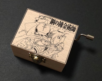 Fullmetal Alchemist OP Ready Steady Go! L'arc~en~Ciel Music Box Hand Cranked, Wooden Engraved Handmade Vintage Gift