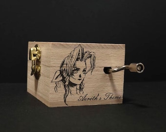Final Fantasy VII FF7 Aerith’s Theme Music Box Hand Cranked, Wooden Engraved Handmade Vintage Gift