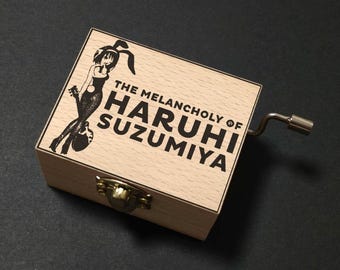 The Melancholy of Haruhi Suzumiya God knows... Music Box Hand Cranked, Wooden Engraved Handmade Vintage Gift