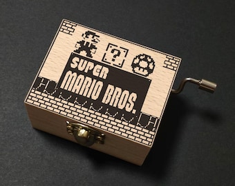Super Mario Bros Overworld Theme Music Box Hand Cranked, Wooden Engraved Handmade Vintage Gift