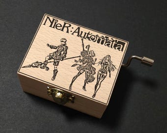 NieR:Automata Weight of the World 2B 9S A2 Music Box Hand Cranked, Wooden Engraved Handmade Vintage Gift