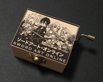 Sword Art Online Swordland SAO Main Theme Music Box Hand Cranked, Wooden Engraved Handmade Vintage Gift