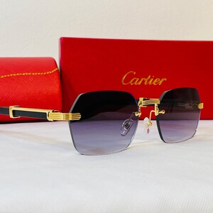 Cartier Glasses Rimless Gold Black Wooden Frame Grey Tinted Lens Vintage Eyewear