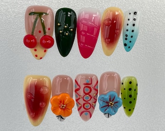 Handmade Cherry Press On Nails: Summer Fruit Nail Art