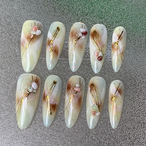 Unhas personalizadas de pressão/unhas desenhadas à mão livre/unhas ovais/unhas de verão/unhas temperadas