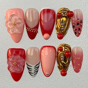 Red Nail,Flower Nail,Nail Design,Nail Press On Flower,Pink Nail,Acrylic Press On,Gift For Her