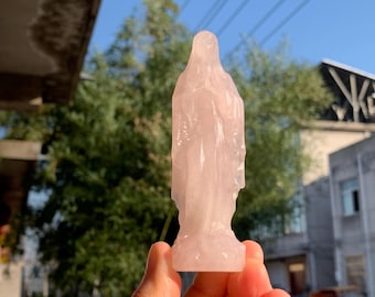 Hand Carved pink rose quartz  Virgin Mary: Crystal Quartz Home Decor (4'')