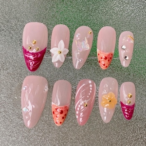 Custom press on nails/freehand sketching nails/pink powder nails/Oval nails/ summer Nails /temperament nails