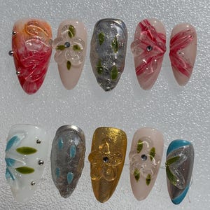 Colorful Flower Press On Nails: Handmade Acrylic Nail Design