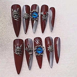 Horror Eyes Gothic/Emo Long Stiletto Press On Nail, Halloween/Cosplay/Carnival Nails Art, Handpainted Fake Nail, Reusable Gel Nail