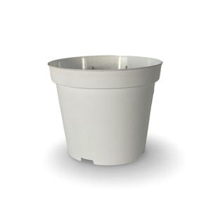 Può includere: Un vaso di plastica bianco, di forma rotonda. Il vaso ha una forma leggermente conica con un bordo largo e una base piatta. È progettato per piantare fiori, erbe o altre piccole piante. Il design del vaso è pulito e semplice.