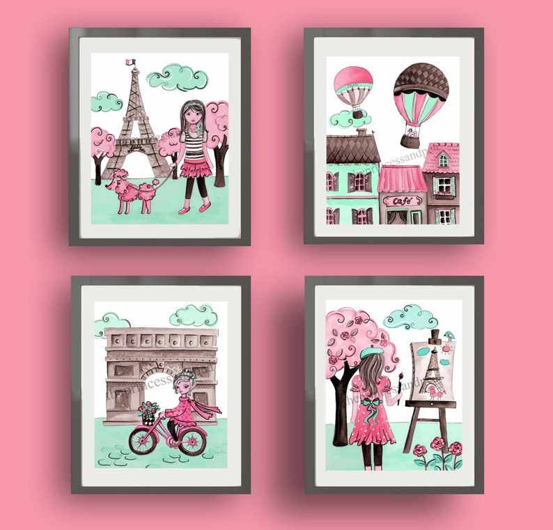 Paris Art Paris Decor Baby Nursery Art Decor Pink Mint Etsy