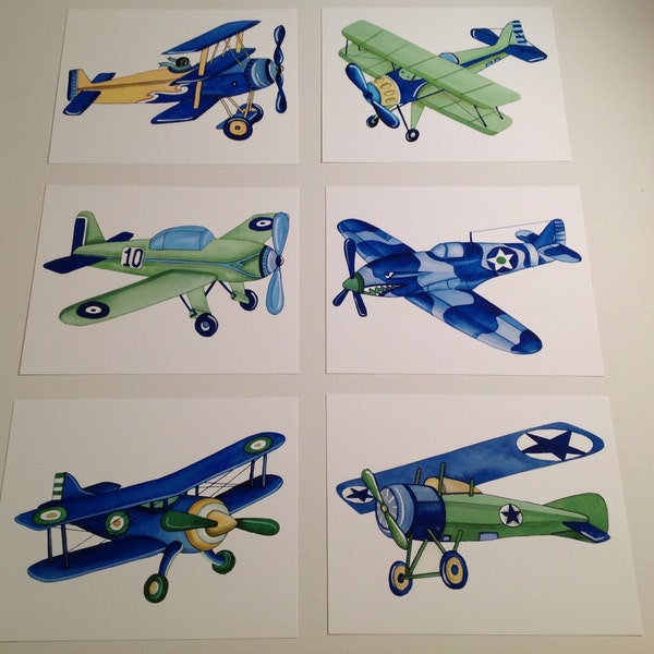 AIRPLANES nursery art, vintage airplane kids art, blue green nursery art prints