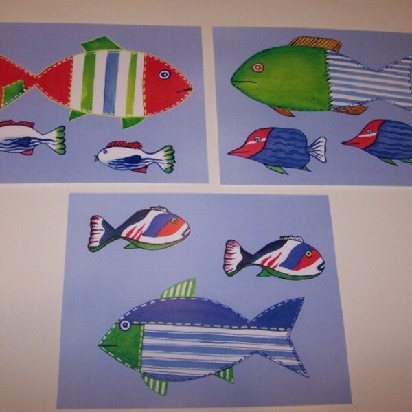 3 whimsical connor fish kids art prints each 8x10