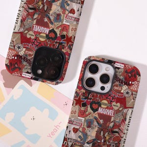 May include: Two phone cases with a collage design featuring Marvel comic book characters, including Spider-Man. The cases have a red, white, and black color scheme with various comic book elements and the Marvel logo.