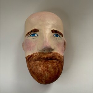 Beard man wall mask face sculpture kids room decor bald red hair face fathers day mask small wall art paper mache clay original recycled