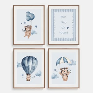Set of 4 Bear Prints, Gender Neutral Woodland Nursery, Cute Bear Wall Art for Kids Room Decor, Animal Theme Boy&#39;s Room Wall Art, DIGITAL