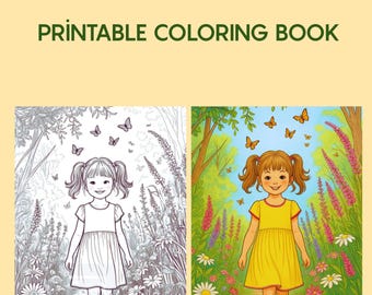 May include: A printable coloring book cover with the title "Brave Girl's Story." The image features a girl in a yellow dress walking through a field of flowers, with a black and white version of the same image next to it. Butterflies are in the sky.