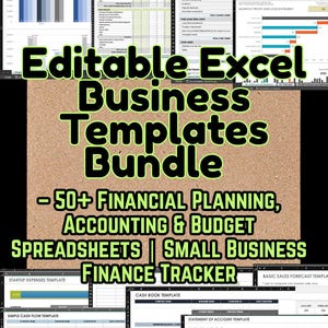 May include: An image showcasing a bundle of editable Excel business templates. The text reads "Editable Excel Business Templates Bundle" with subheadings for financial planning, accounting, and budget spreadsheets. The image includes various spreadsheet examples.