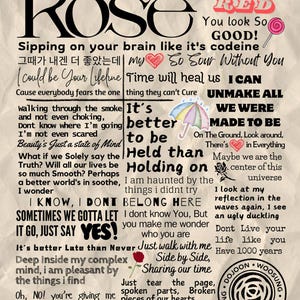 Może przedstawiać: Kolaż tekstu i grafiki na kremowym tle. Słowo "The Rose" jest wyraźnie widoczne. R&oacute;żne frazy i teksty są rozrzucone po całym obrazie, wraz z lizakiem i r&oacute;żą.