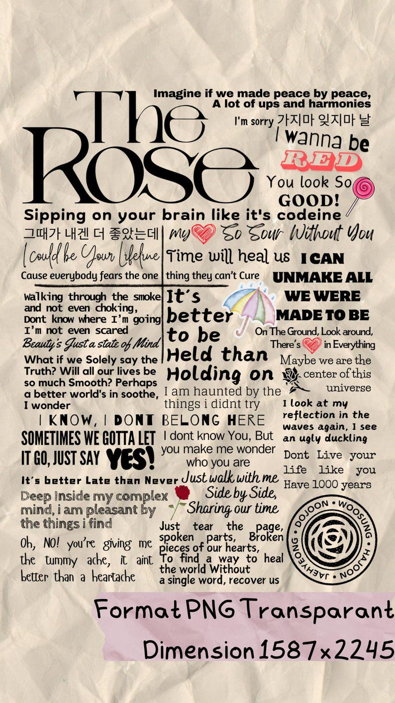 Może przedstawiać: Kolaż tekstu i grafiki na kremowym tle. Słowo "The Rose" jest wyraźnie widoczne. R&oacute;żne frazy i teksty są rozrzucone po całym obrazie, wraz z lizakiem i r&oacute;żą.