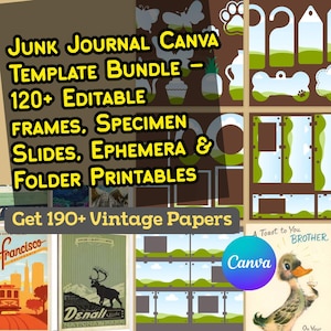 Op de afbeelding: Een digitale Canva-sjabloonbundel voor junk journals met meer dan 120 bewerkbare frames, specimenslides, ephemera en map-afdrukken. De afbeelding bevat de tekst "Junk Journal Canva Template Bundle" en "Get 190+ Vintage Papers."