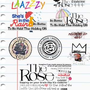 Może przedstawiać: Strona z notatnika z r&oacute;żnymi elementami tekstowymi i grafikami. Słowa "The Rose" są wyraźnie wyświetlane w stylizowanej czcionce. Inny tekst zawiera teksty piosenek i frazy takie jak "Sipping on your brain like it's codeine."