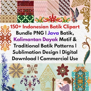 Indonesian Batik Clipart PNG Bundle | Java, Kalimantan Dayak Patterns (Digital Download)