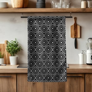 Black & White Elegant Hand Towel Classic Ornamental Pattern Modern Minimalist Kitchen Bathroom Decor, Monochrome Style Towel welcome home
