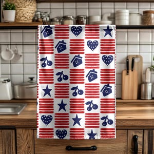 Patriotic Patchwork pattern Hand Towel | Stars Hearts Houses Cherries Americana hand towels birdss hand and towel hanging loop fall towel