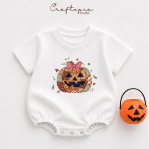 Patchwork Pumpkin Baby Romper, Cute Pink Bow Fall Plaid Baby Bodysuit, Coquette Halloween Baby Girls Clothes, Coming Home Outfit, Baby Showe